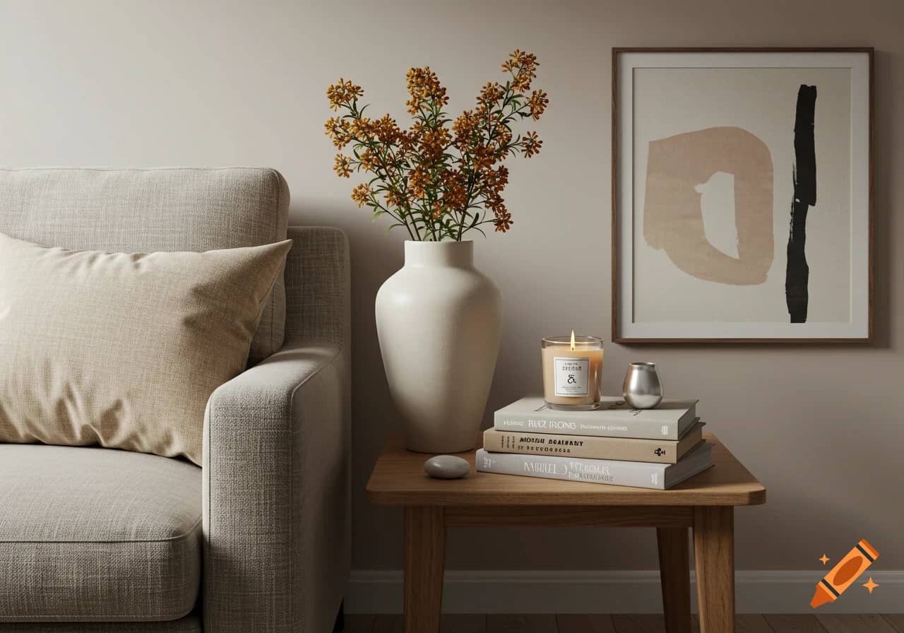 Minimal Scandinavian living room decor with plants and simple wall art.