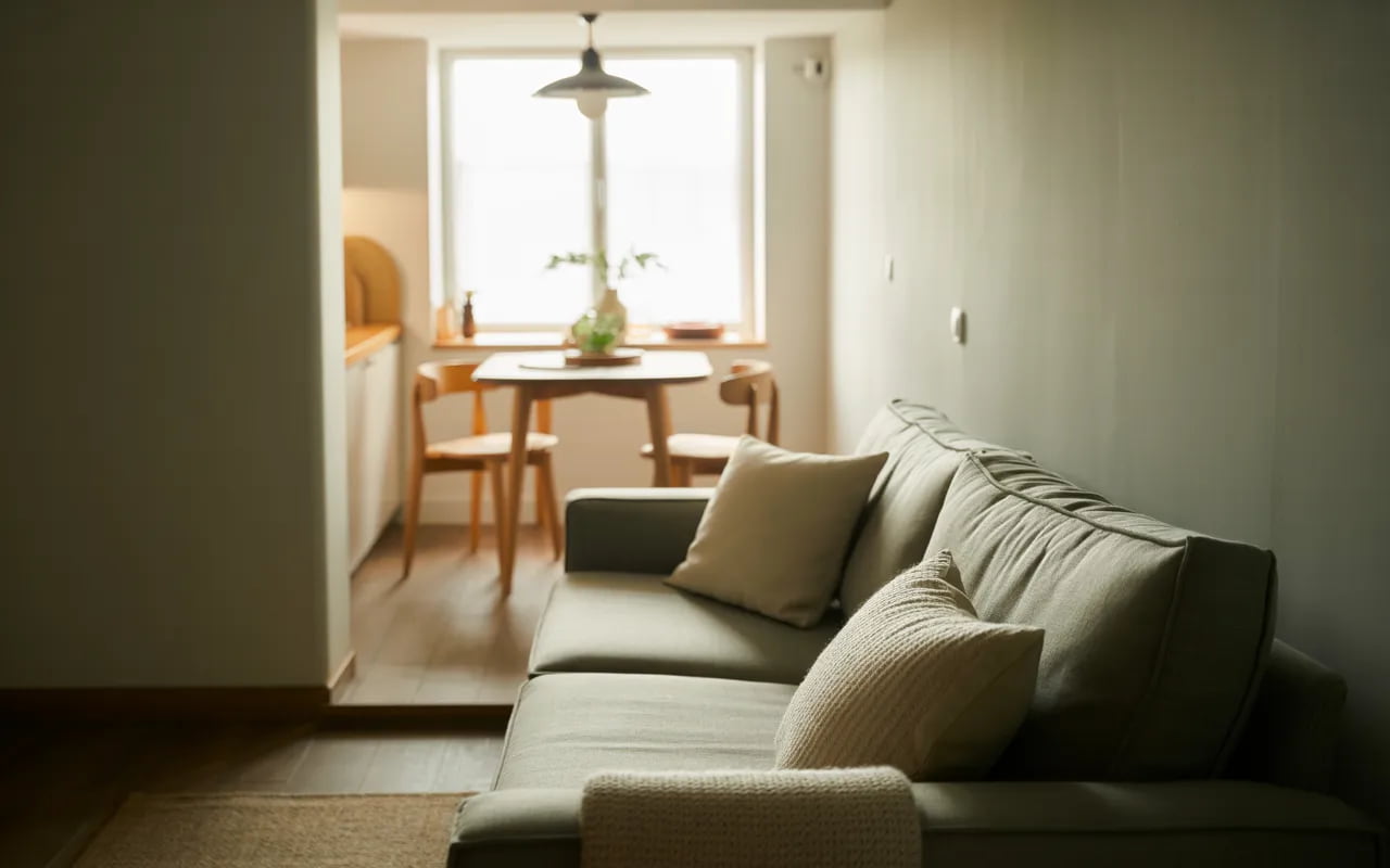 Small living room sofa with compact dining table in adjacent kitchen area.