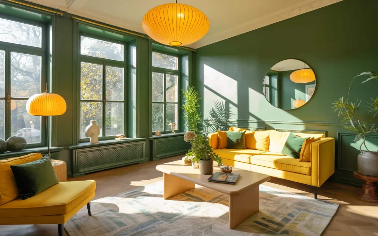 Bright green and yellow living room with sunlight streaming through large windows, yellow pendant lights, reflective mirrors, and cozy seating.