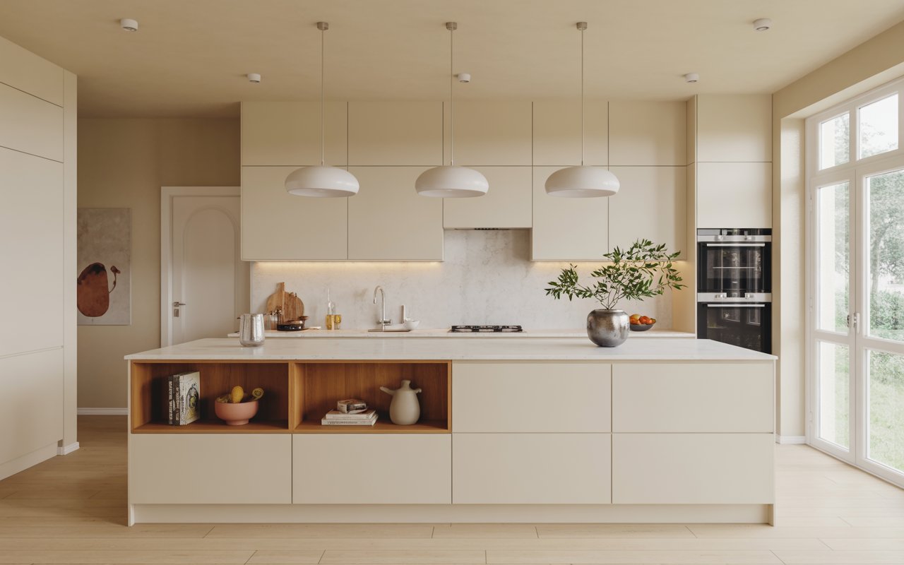 Sleek white kitchen island with hidden storage, minimalist decor, modern pendant lights, bright airy kitchen, Pinterest style.