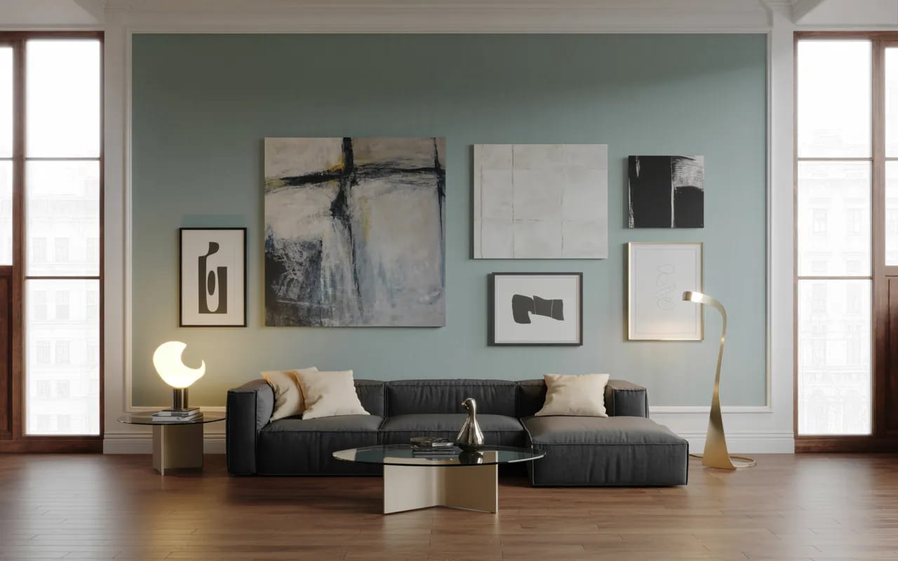 Stylish living room showcasing a feature wall with soft grey paint, accented with artwork and modern furniture