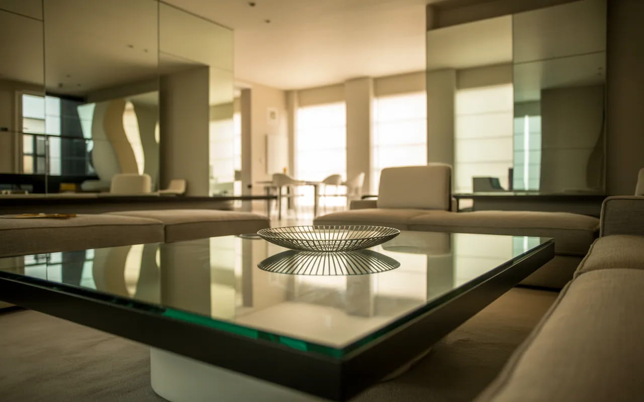 Apartment living room with glass coffee table and mirror accents.