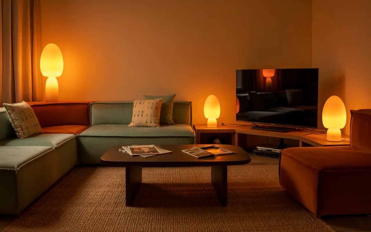 “2000s living room with retro-colored modular sofa, modern smart TV, cozy lighting, nostalgic yet functional design”