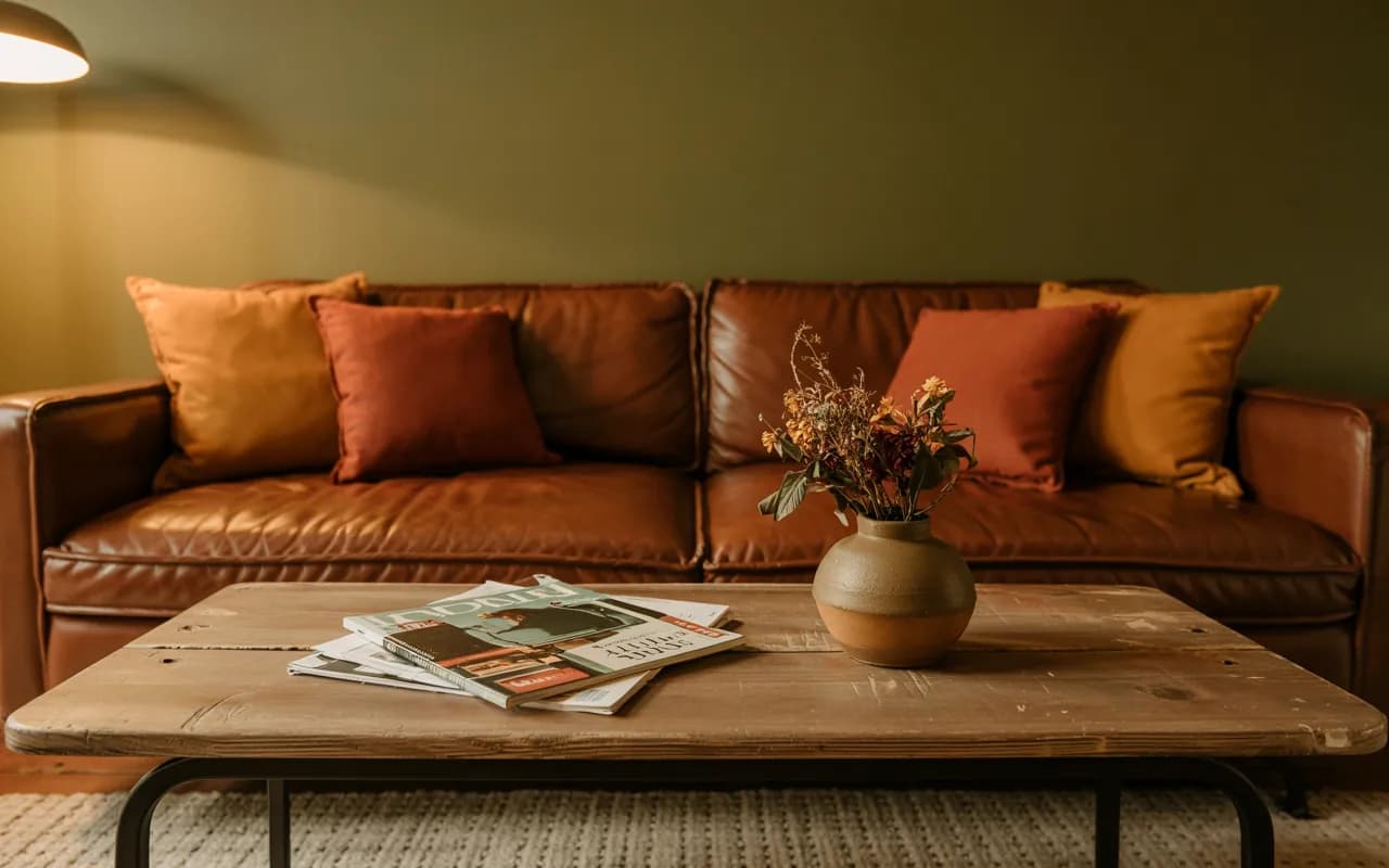 A retro living room wall painted olive green with mustard and terracotta throw pillows, a wooden coffee table, and warm ambient lighting.