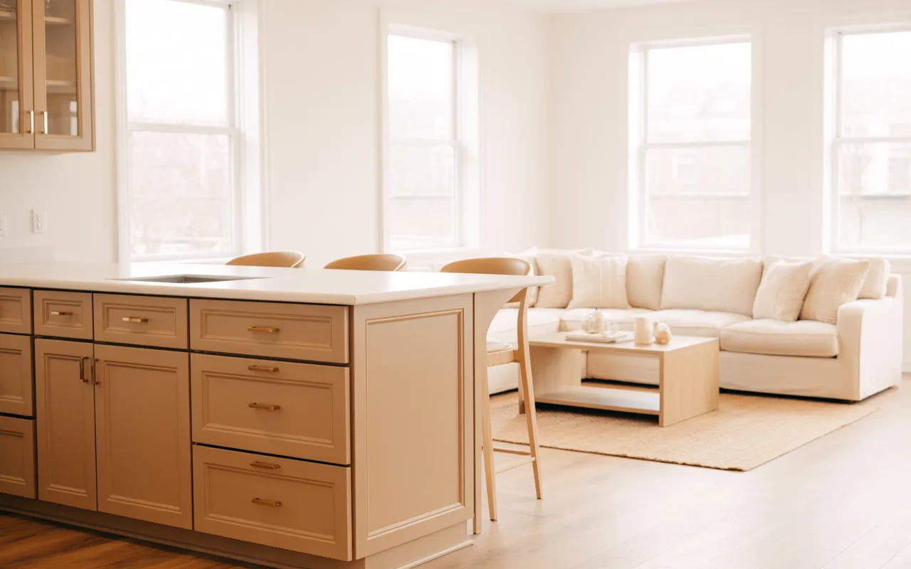 Small kitchen and living room combo with white walls, beige cabinets, and light-colored furniture.