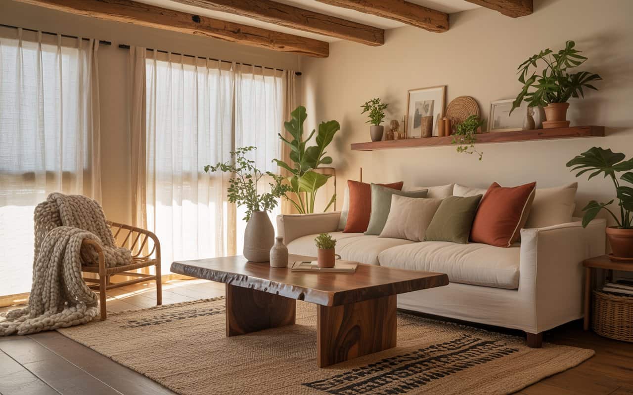 Cozy, sustainable living room with wood accents and layered textiles
