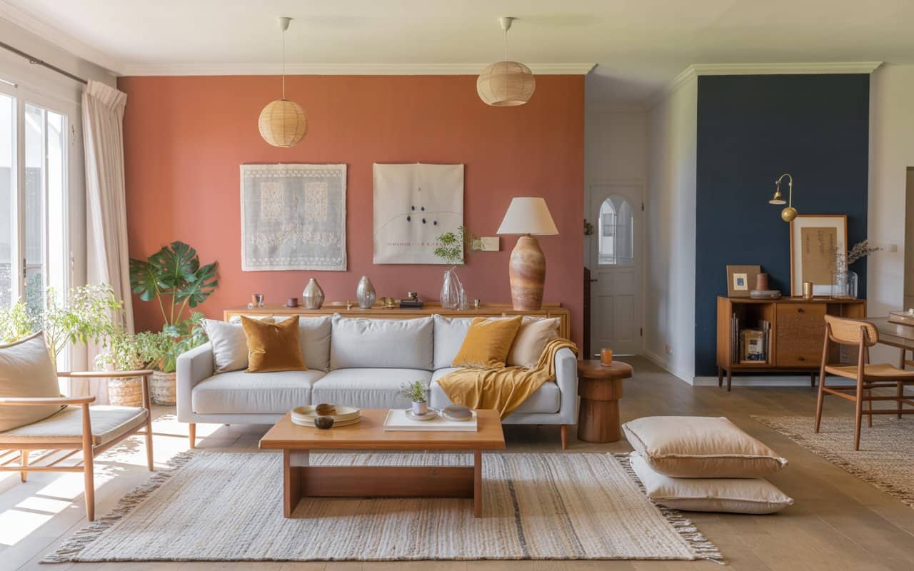 Living room with gray sofa, mustard cushions, pale blue rug, wooden furniture, bright airy interior, Pinterest-style décor.”