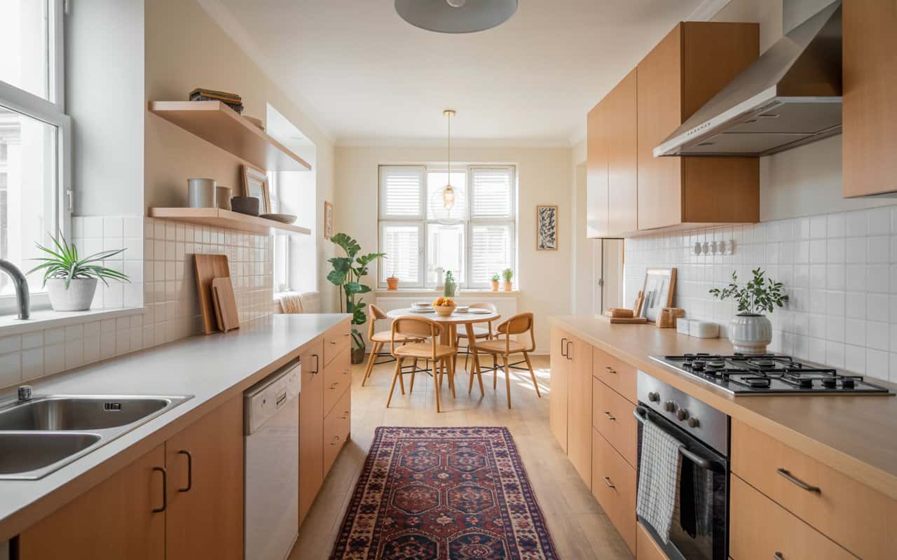 Bright kitchen with patterned runner rug, wooden cabinets, cozy lighting, modern and stylish interior
