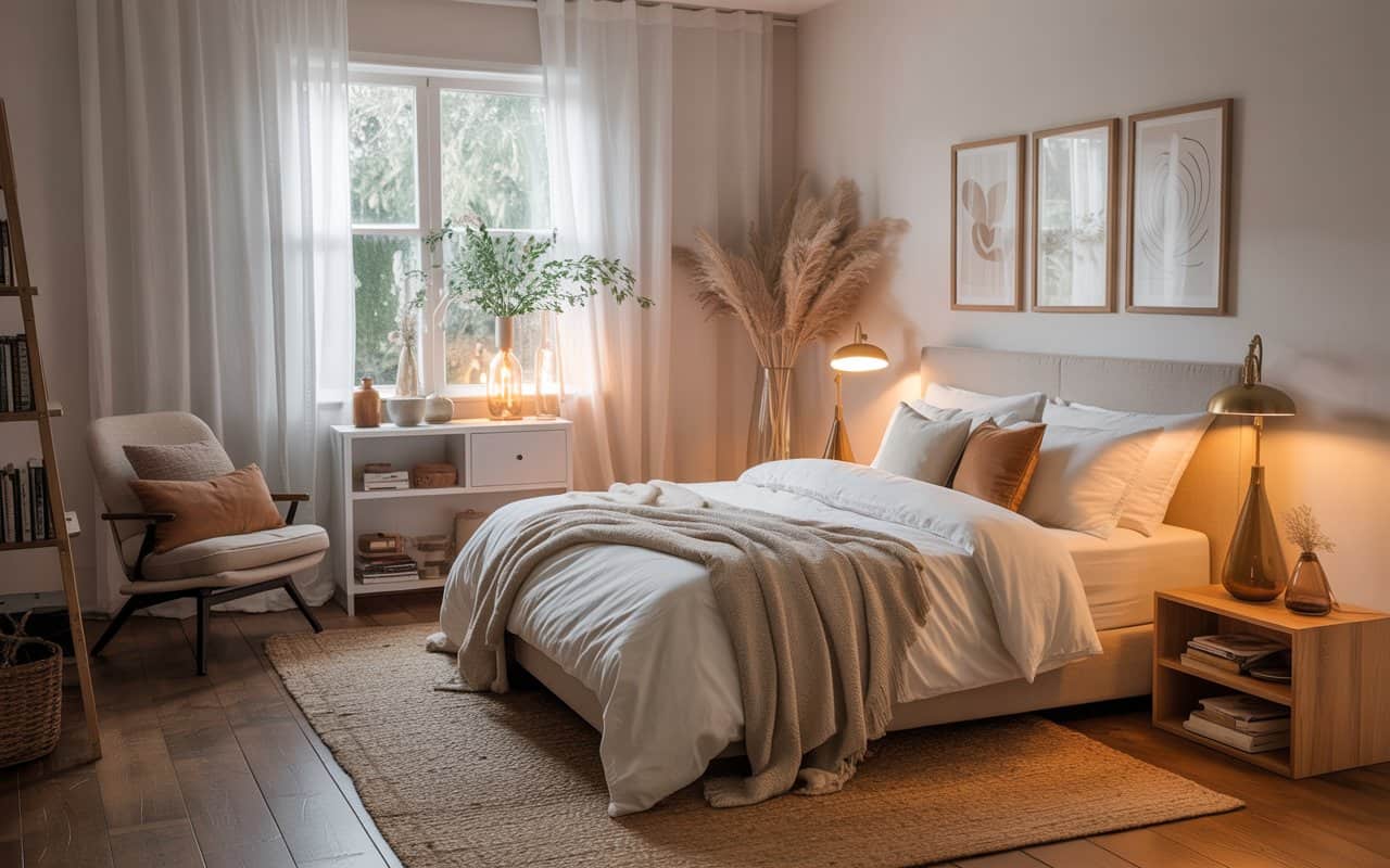 Small cozy bedroom reading nook, chair, cushions, warm lighting, Pinterest-style aesthetic