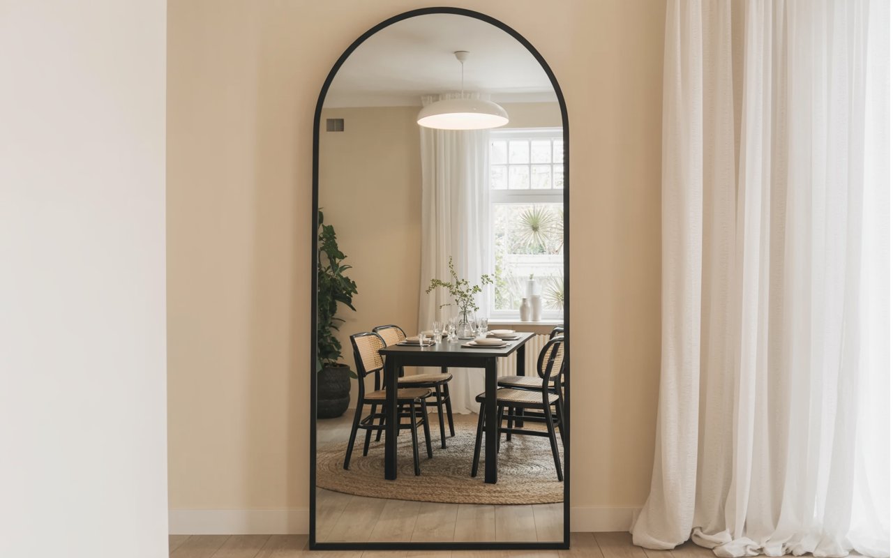 A small, narrow dining area. A huge arched floor mirror leans against the wall, reflecting the dining table and a nearby window, making the room feel twice as large and very bright.