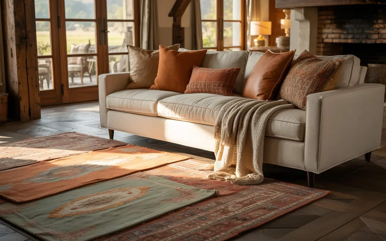 Modern country living room with layered rugs, cushions, and warm throws on the sofa.