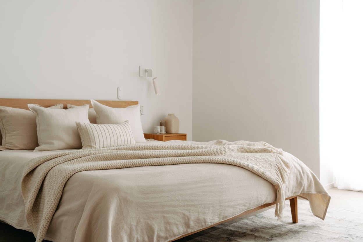 Minimalist bedroom with low-profile bed, sleek side table, neutral bedding, uncluttered space, bright natural light, Pinterest-style interior.