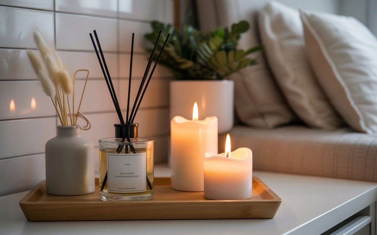 Candles and diffuser styling, cozy luxury home ambience