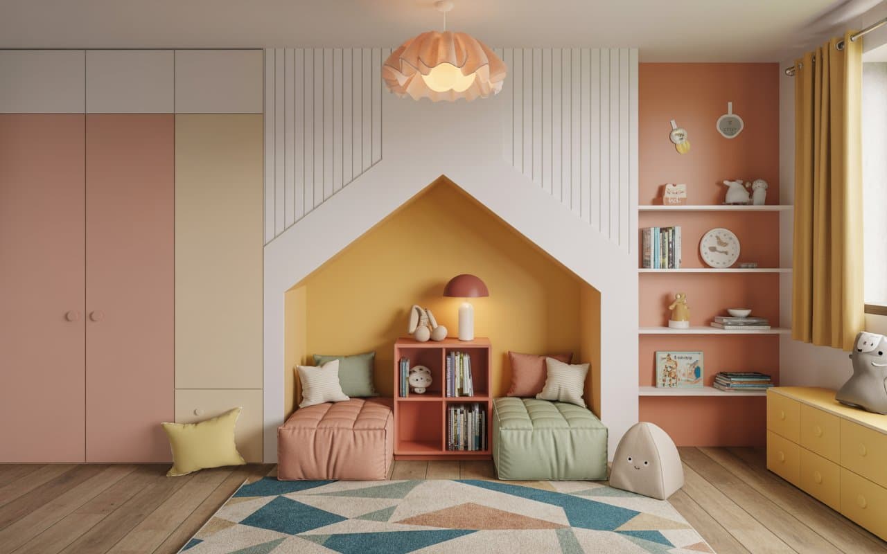 Kids room reading nook with colorful cushions, small bookshelf, soft lighting, playful vibe