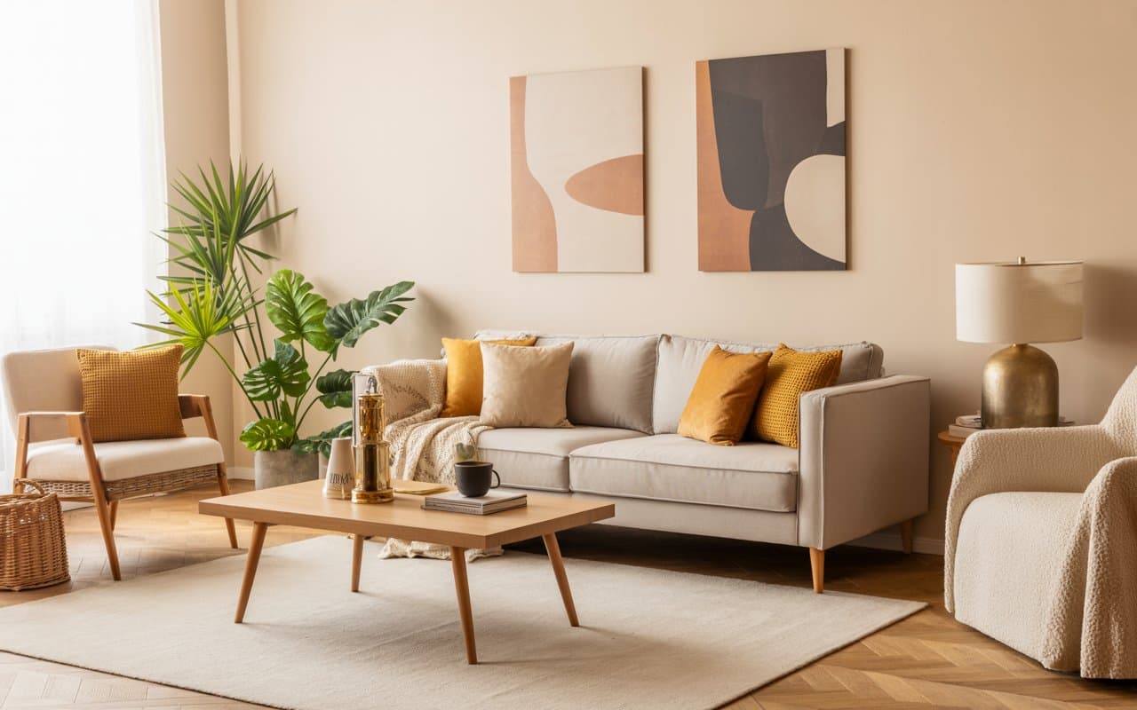 “Living room with neutral sofa, colorful cushions, wall art, wooden coffee table, bright airy interior, cozy modern Pinterest-style interior.”