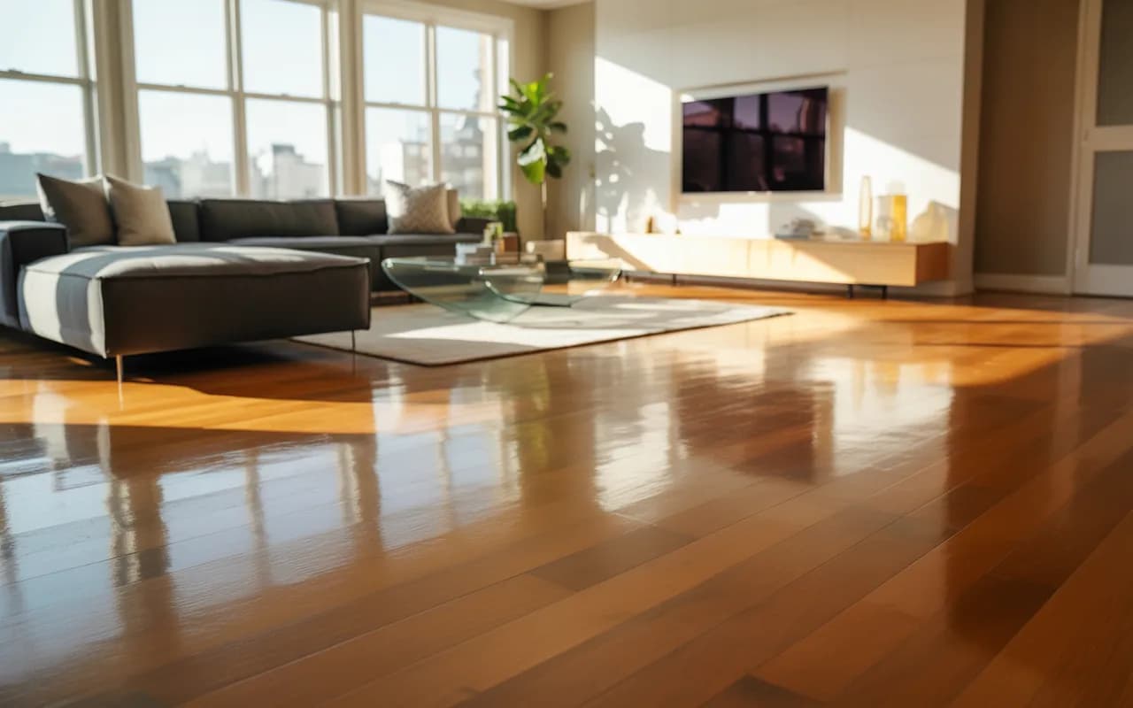 Modern living room with polished wooden flooring and clean, organized setup.