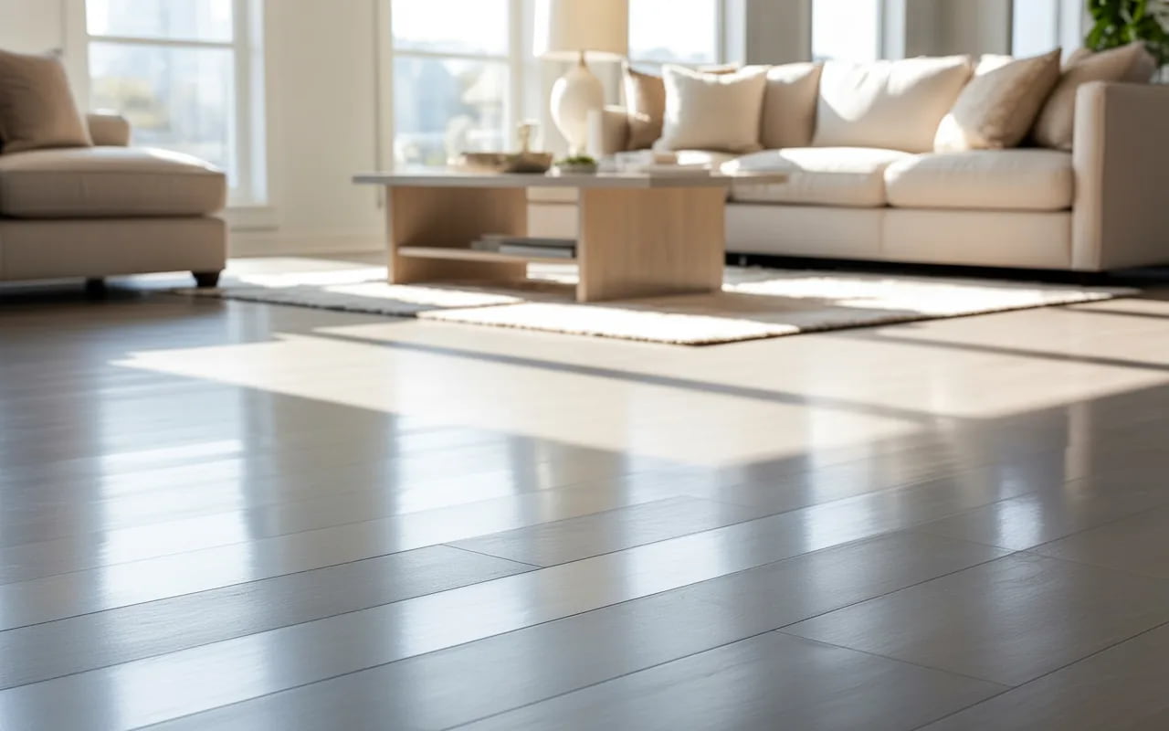 Living room with natural sunlight highlighting grey flooring and neutral furniture.