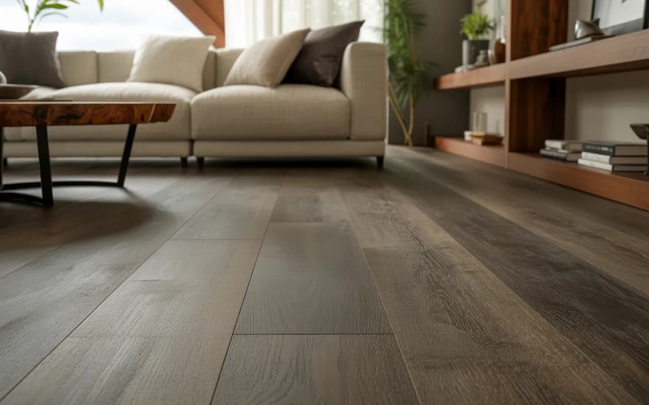 Living room with dark grey flooring, beige sofa, and wooden accents.