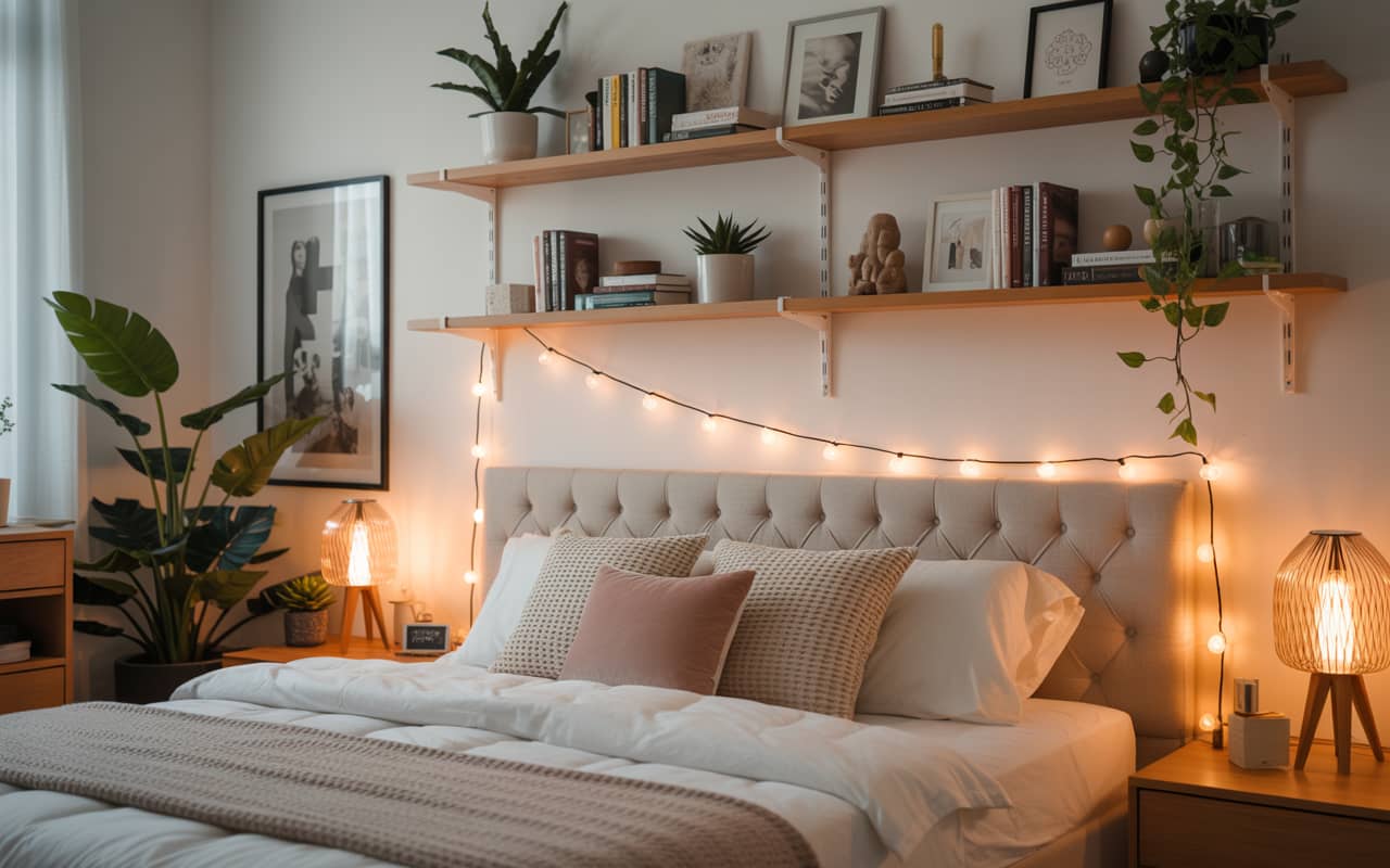 Modern bedroom with a tufted DIY headboard, neutral bedding, cozy and stylish Pinterest aesthetic