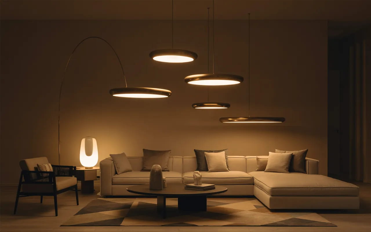 Apartment living room with layered lighting including pendant lamps and floor lamps.