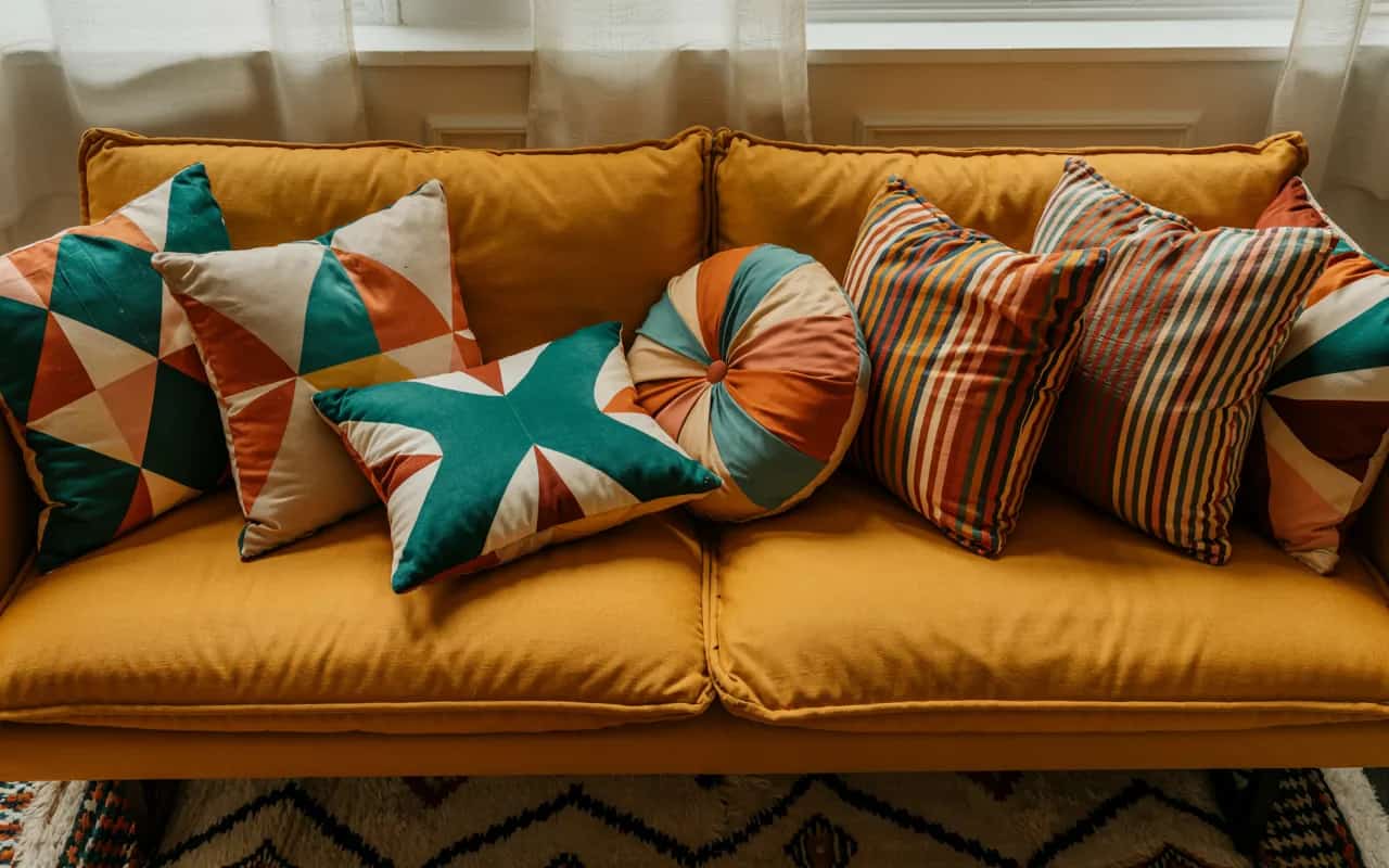 Close-up of retro vintage cushions with geometric and striped patterns on a mustard sofa with a woven rug.
