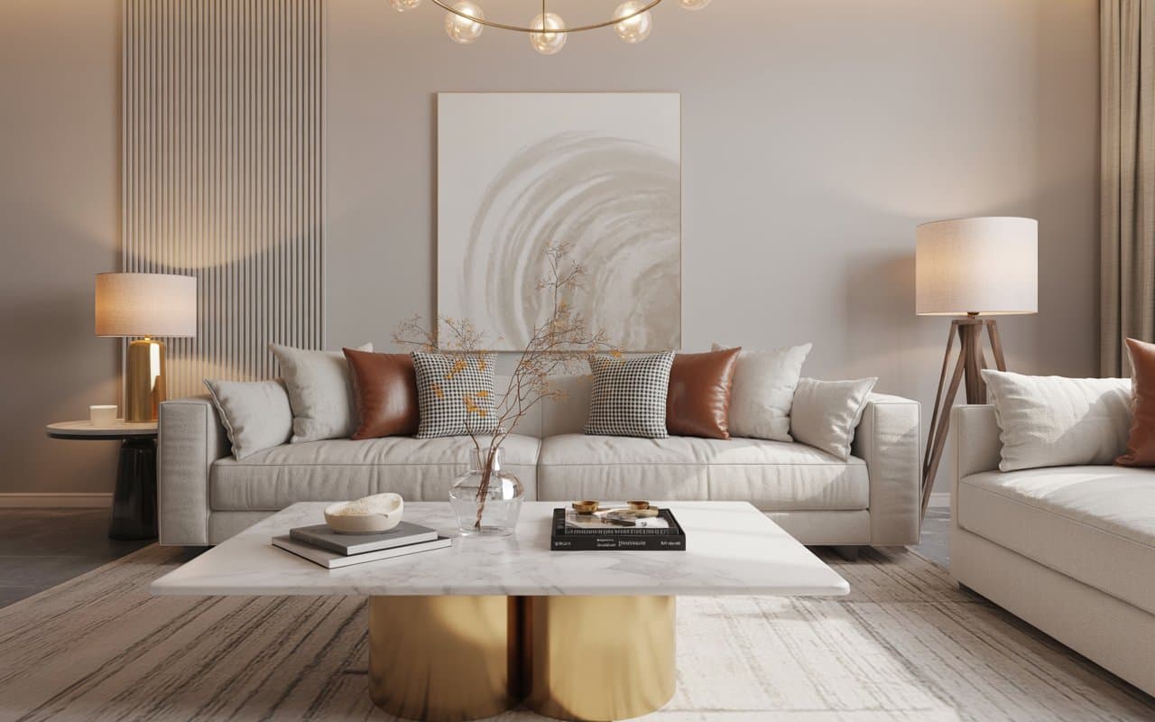 A chic modern living room with marble coffee table, gold accents, soft lighting, and plush cushions in neutral tones.