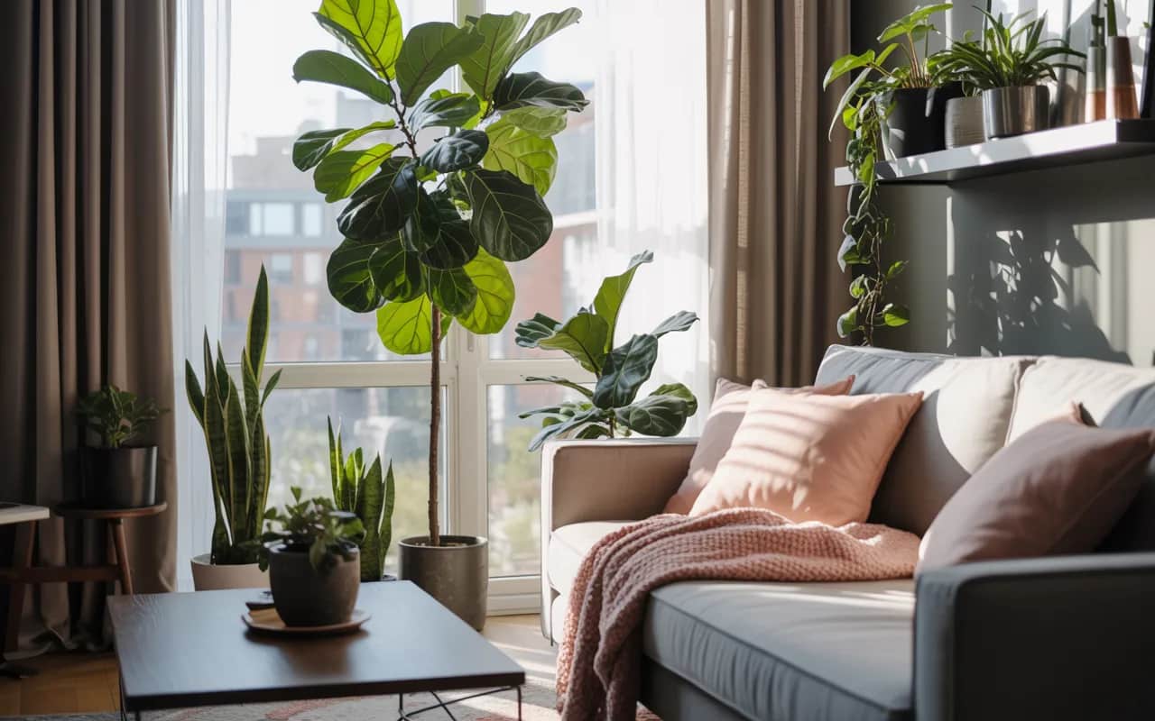 Grey and pink living room with indoor plants, large fiddle leaf fig, small potted plants, and natural sunlight