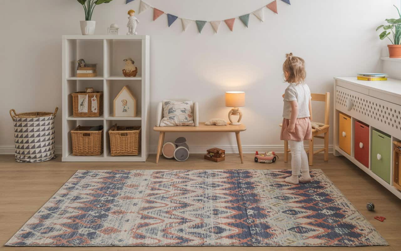 Kids room with bright patterned rug, toys scattered neatly, playful ambiance