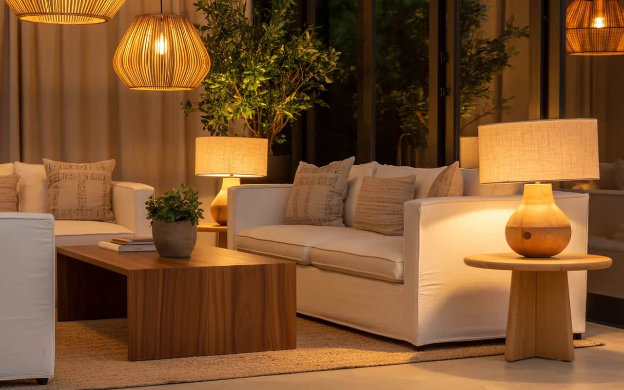 Cozy living room with wooden and rattan lamps, soft warm lighting, elegant furniture, natural modern interior."