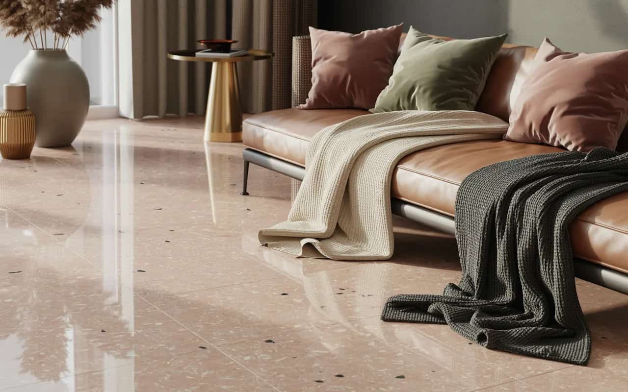 Terrazzo flooring with coordinated cushions, throw blankets, and decor.