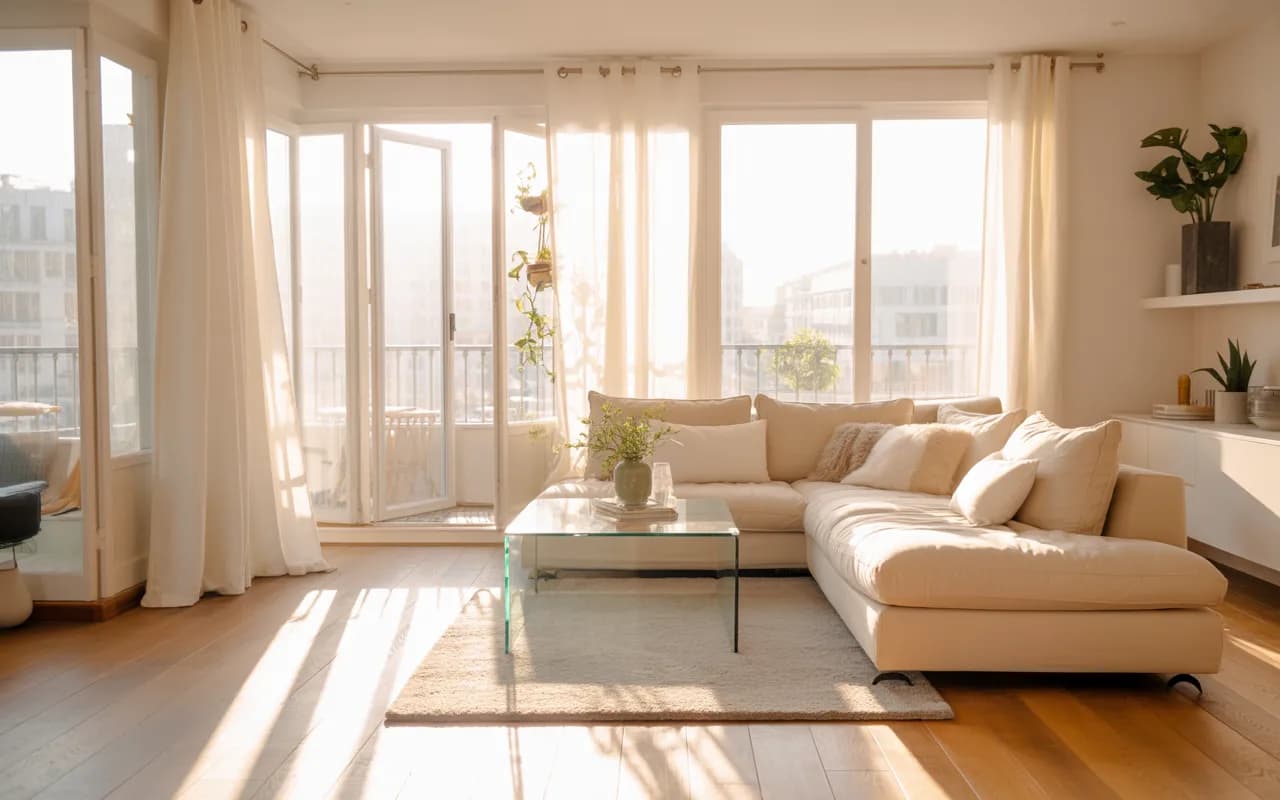 Sunlit apartment living room with large windows and light-colored furniture.