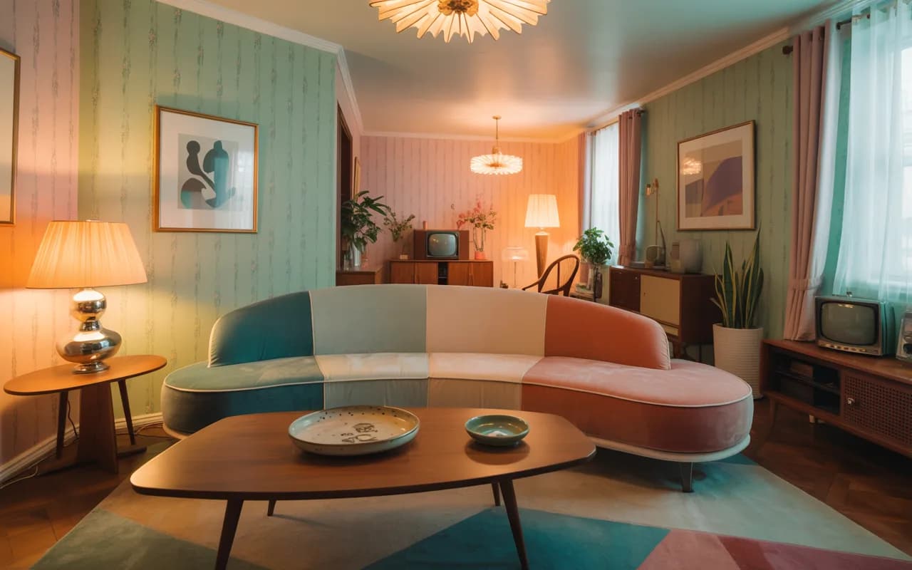 A cozy 1950s living room with pastel-colored vintage wallpaper, mid-century sofa, wooden coffee table, warm lighting, retro décor, high resolution, realistic interior photography.