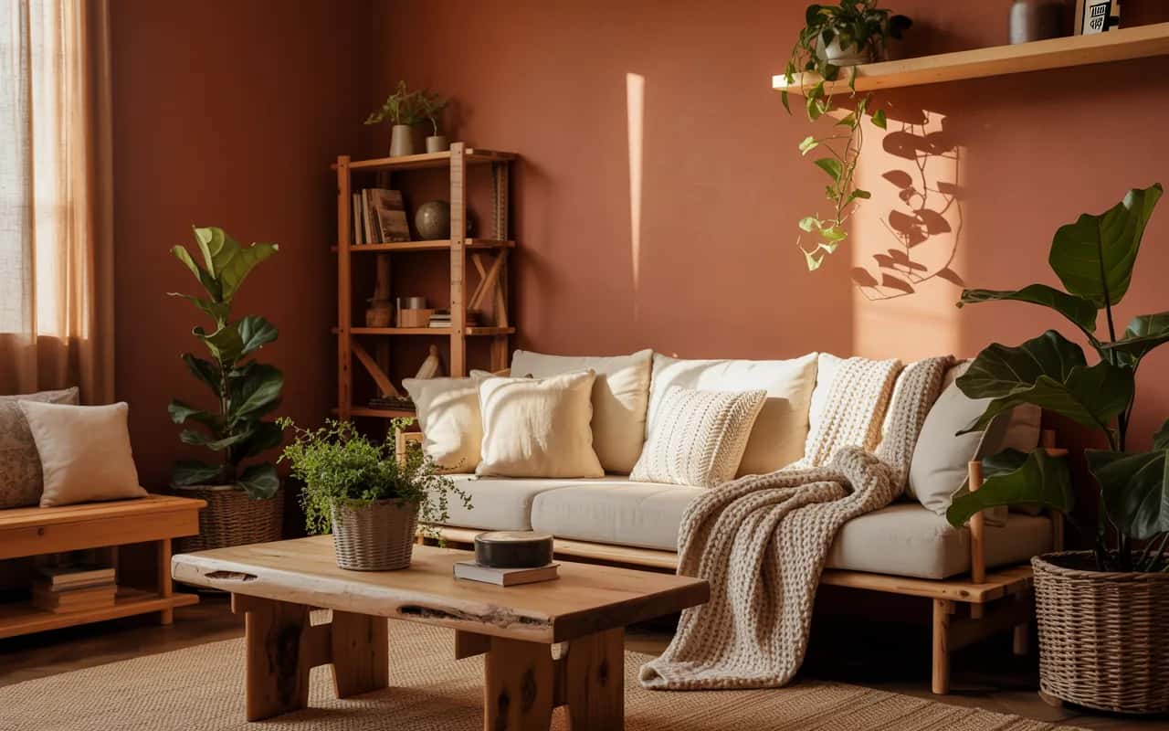 Living room with terracotta walls, wooden furniture, indoor plants, and warm textures