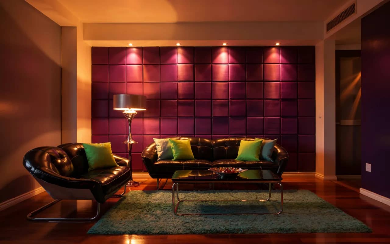 2000s living room with bold purple accent wall, neon green decor, glossy furniture, retro vibes, cozy lighting”