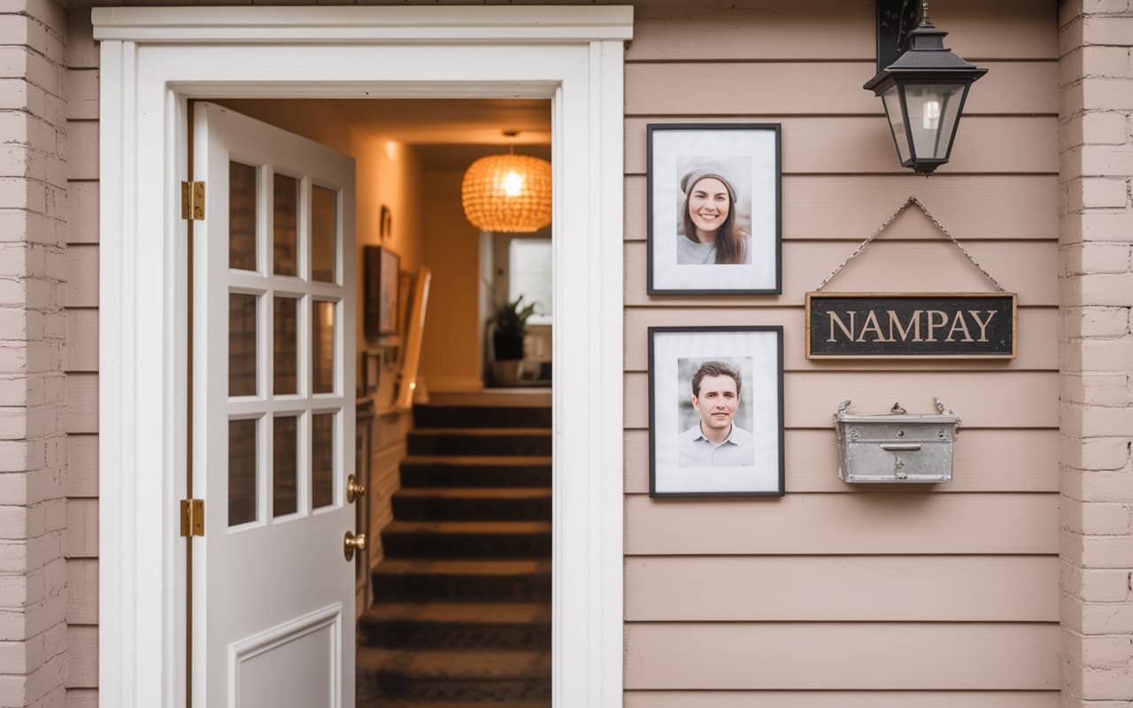 Personalized home entrance decor entryway with photo frames and nameplate, warm and cozy interior