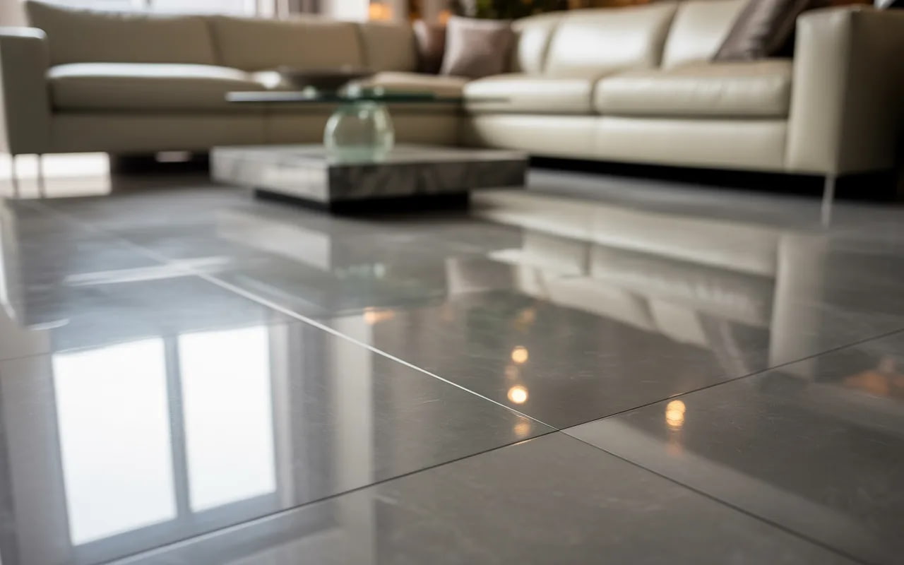Grey flooring close-up showing clean, polished surface in a modern living room.