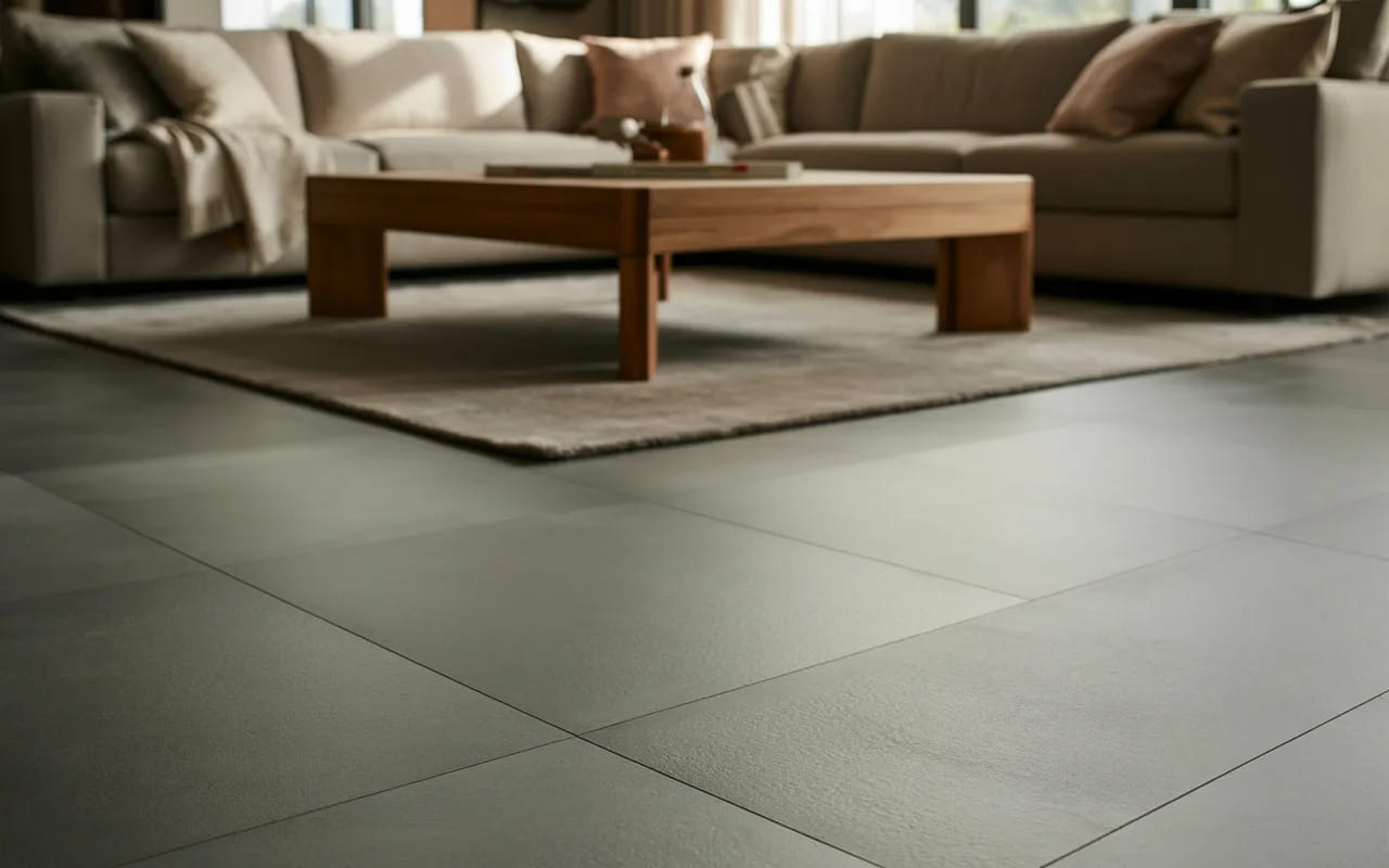 Living room with grey flooring and medium-tone wooden coffee table.