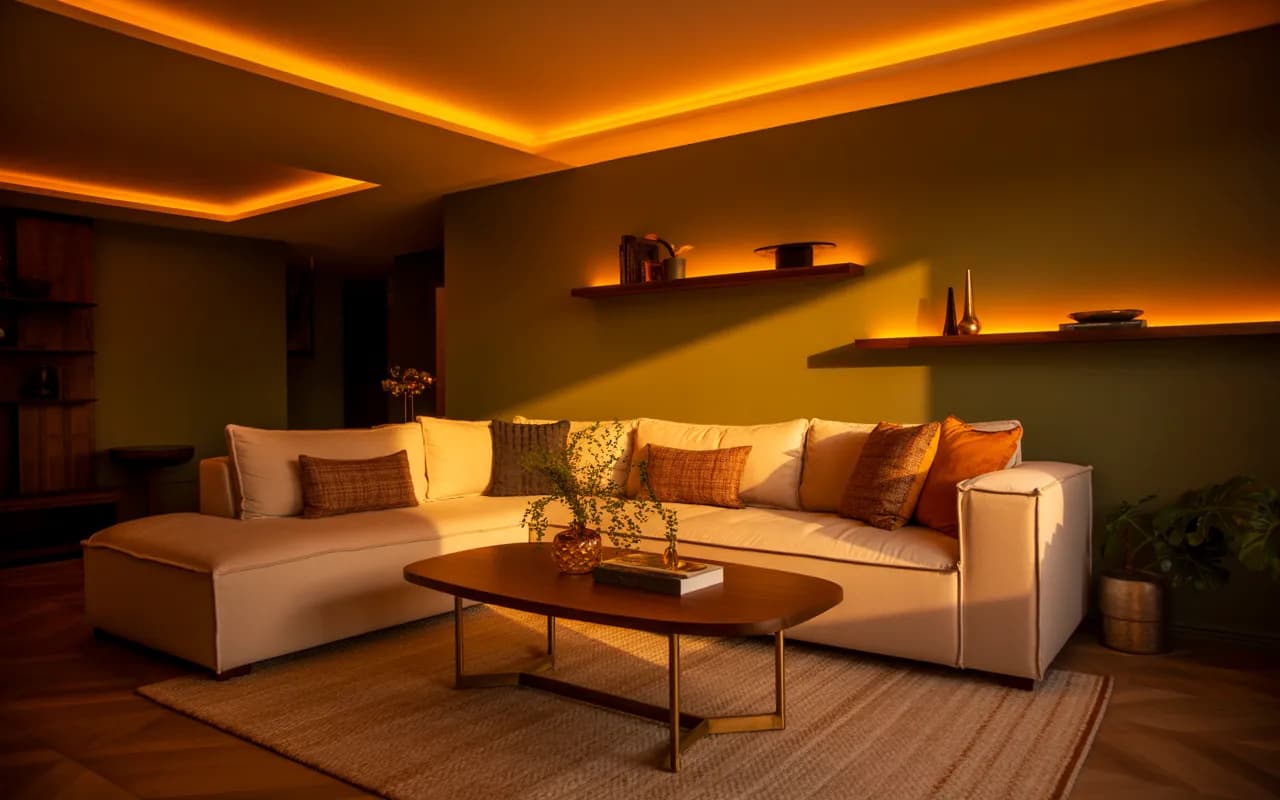 Cozy living room illuminated with warm LED lights, soft glow, plush sofa, stylish coffee table, ambient elegant interior."