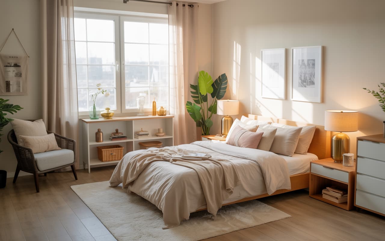 Modern bedroom with gold lamps, glass vases, neutral bedding, cozy Pinterest-inspired style