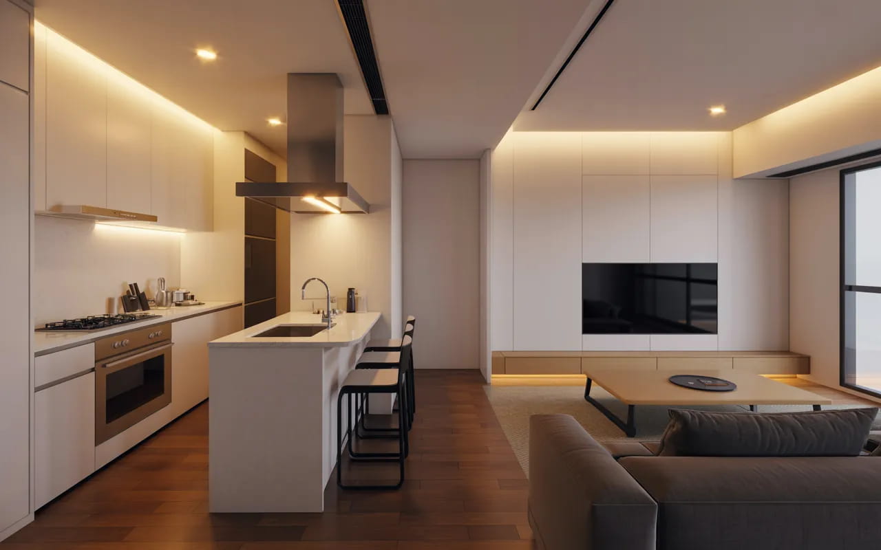 Compact kitchen and living room layout showing clear zones for cooking and lounging.