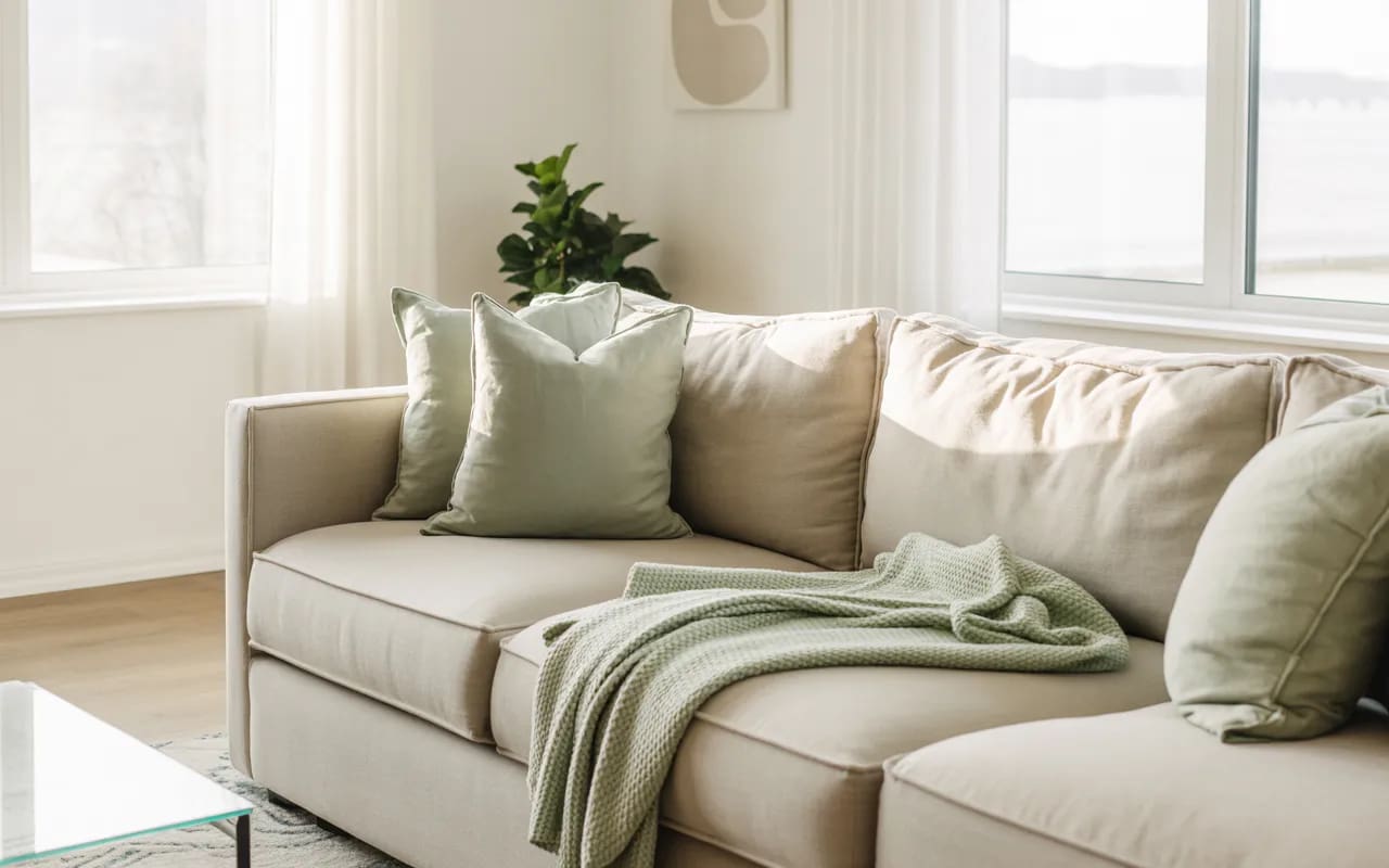 Small living room with beige sofa and light green accents, airy and stylish setup.