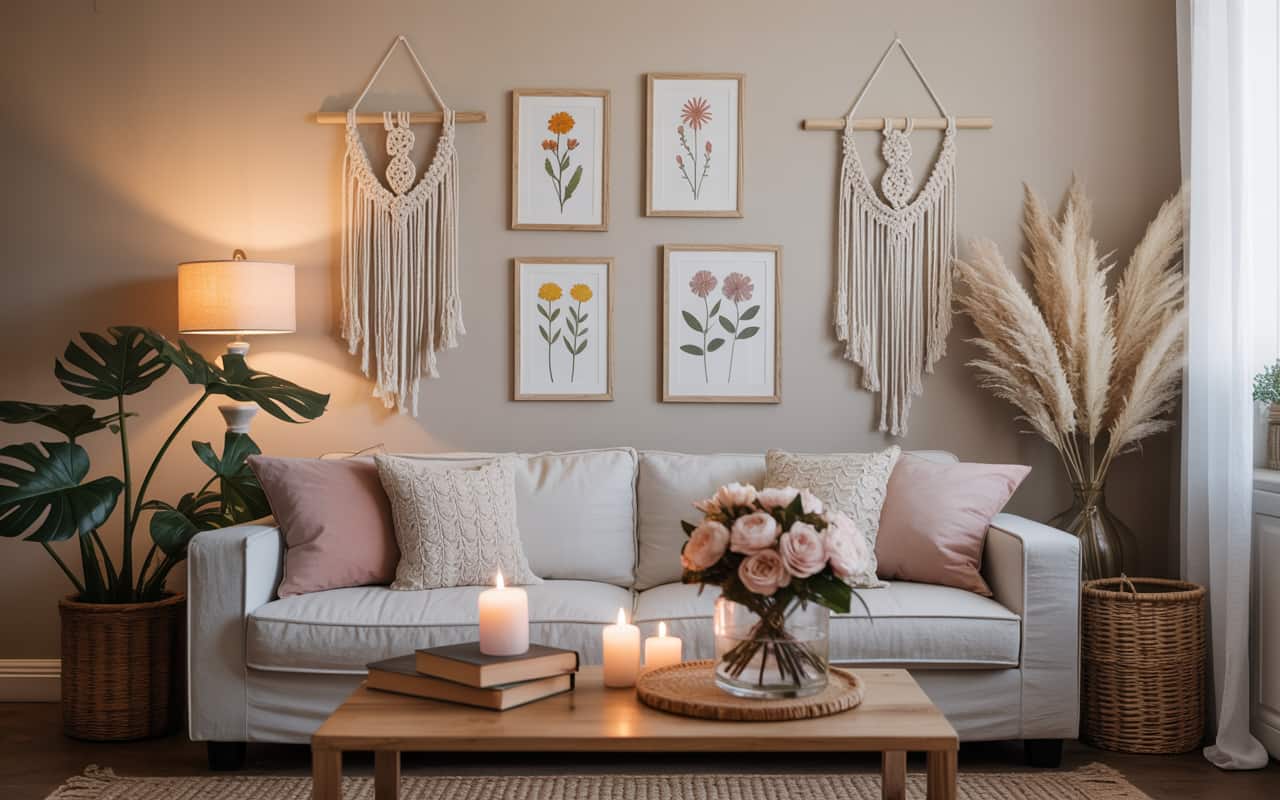 Aesthetic coffee table with DIY floral centerpiece, candles, books, soft neutral decor, Pinterest style