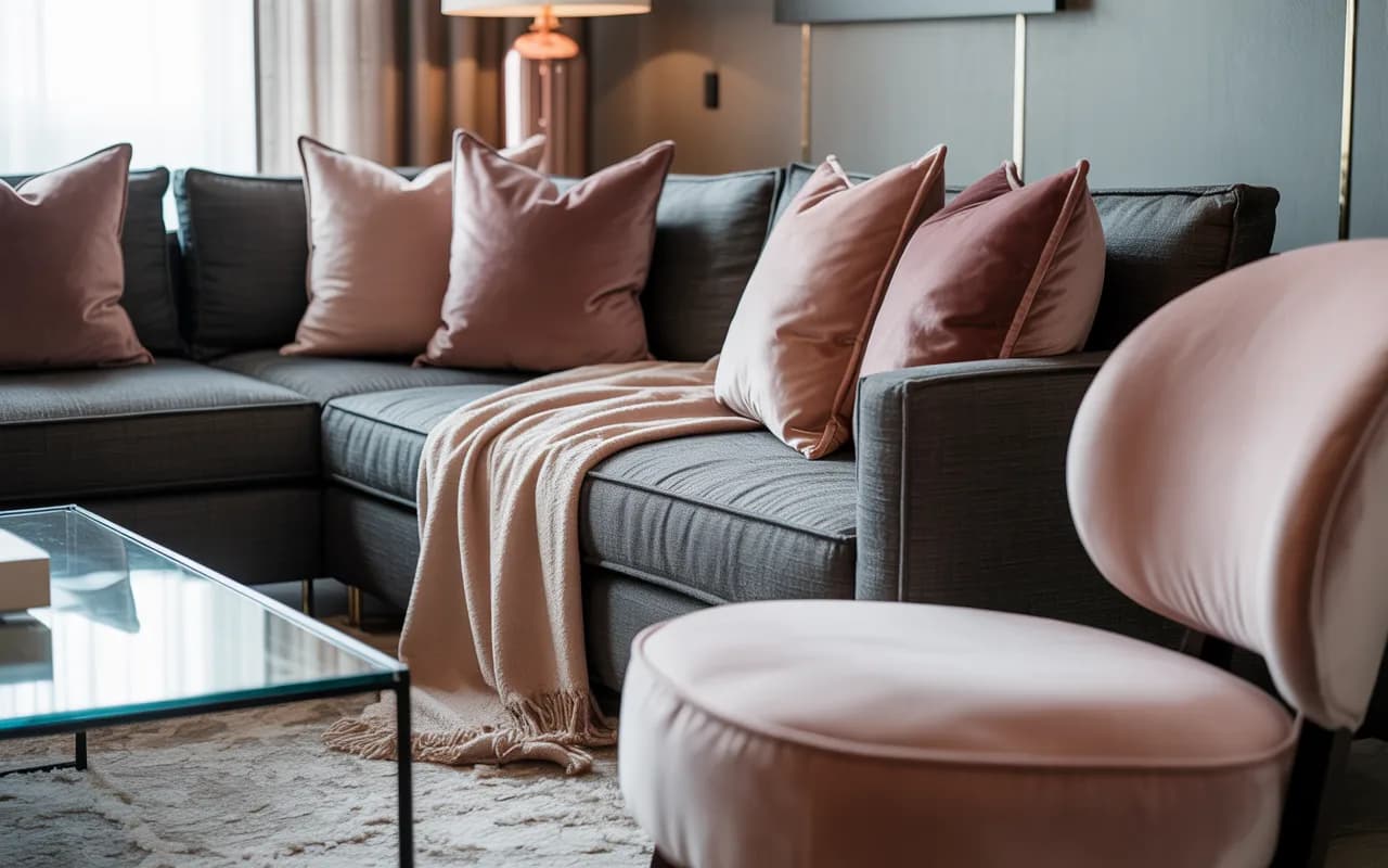 Grey and pink living room with soft furnishings, cozy textures, blush accents, and chic modern style