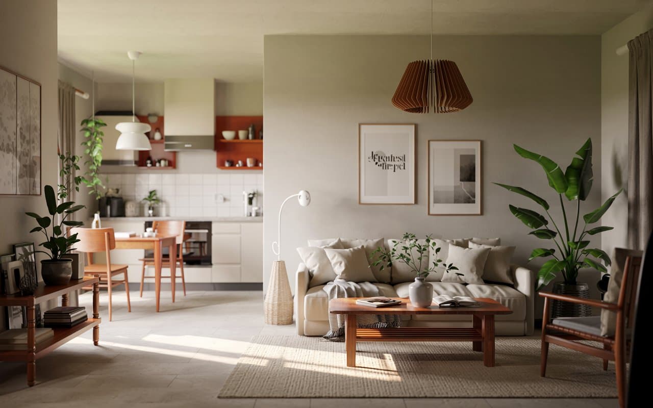 Open-plan living room and kitchen with neutral walls, minimalist furniture, wooden accents, bright natural light, cozy modern interior, Pinterest-style photography, airy and spacious.”