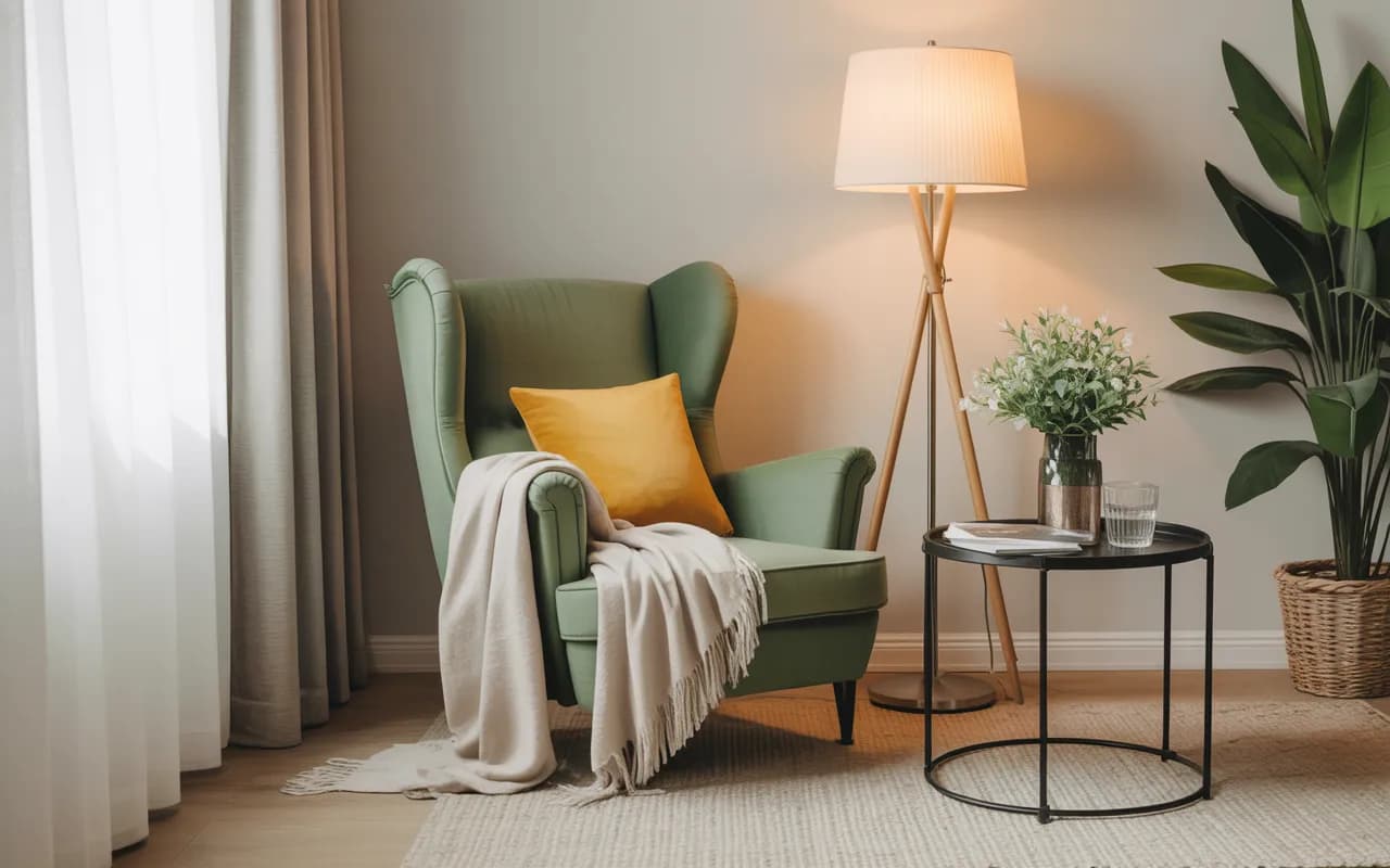 Living room corner with green armchair, yellow cushions, floor lamp, soft throw blanket, cozy stylish Pinterest-ready interior