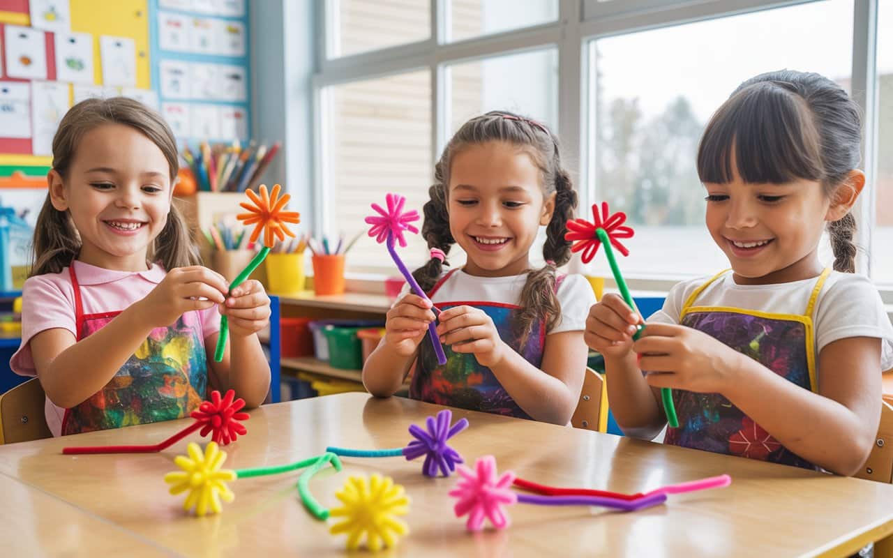 Happy kids crafting pipe cleaner flowers at a classroom table, bright colors, joyful expressions, Pinterest education style