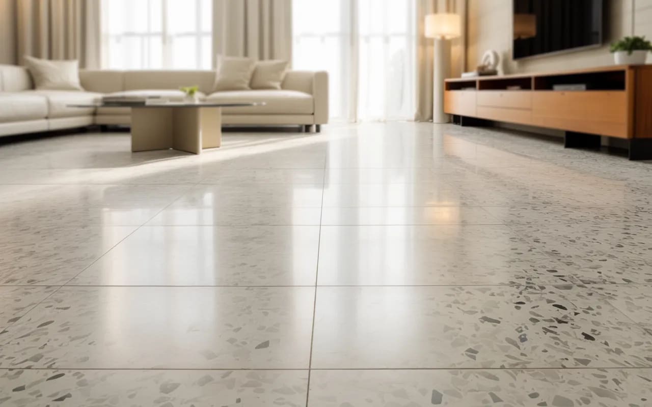 Living room with clean, polished terrazzo floor and neutral furnishings.