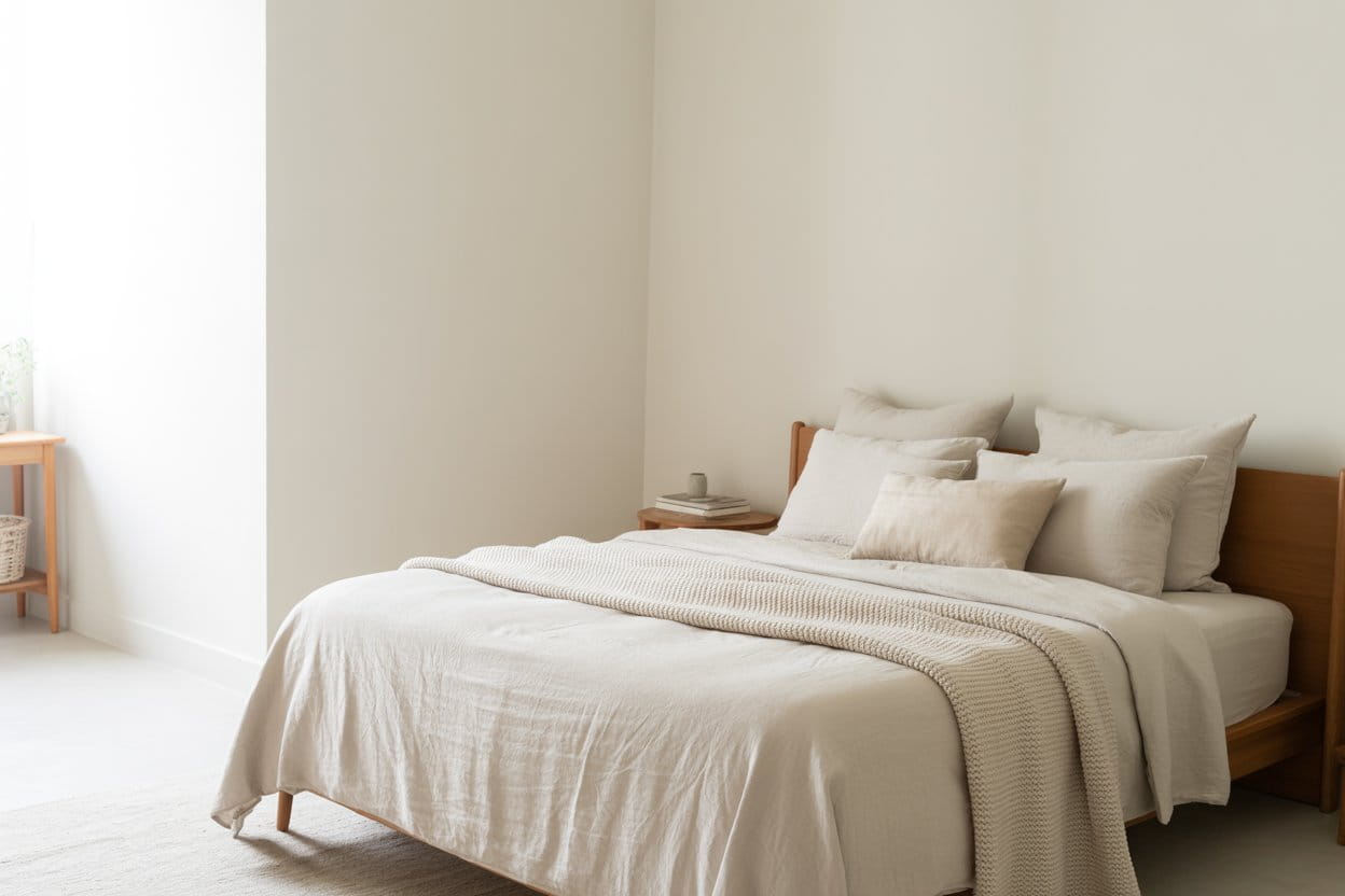 “Minimalist bedroom with layered textures, soft linen bedding, knitted throw, wooden bedside table, cozy modern interior, Pinterest aesthetic.”