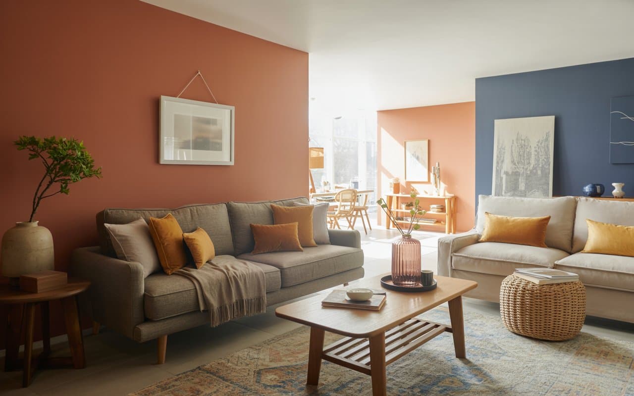 “Living room with navy accent wall, neutral sofa, wooden coffee table, soft rug, bright modern interior, Pinterest-style photo.”