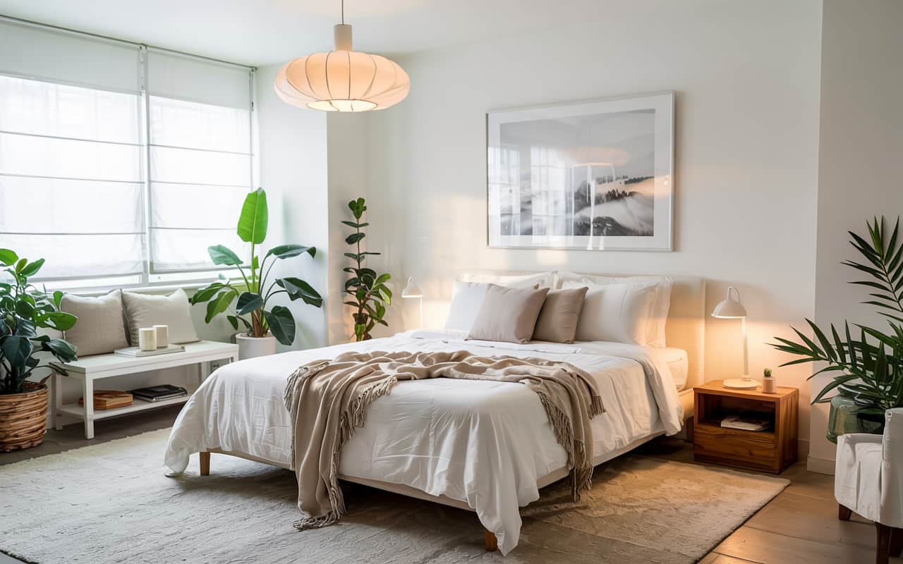 “Minimalist white bedroom with a single framed art piece, neutral bedding, wooden accents, cozy modern interior, Pinterest-style photo.”